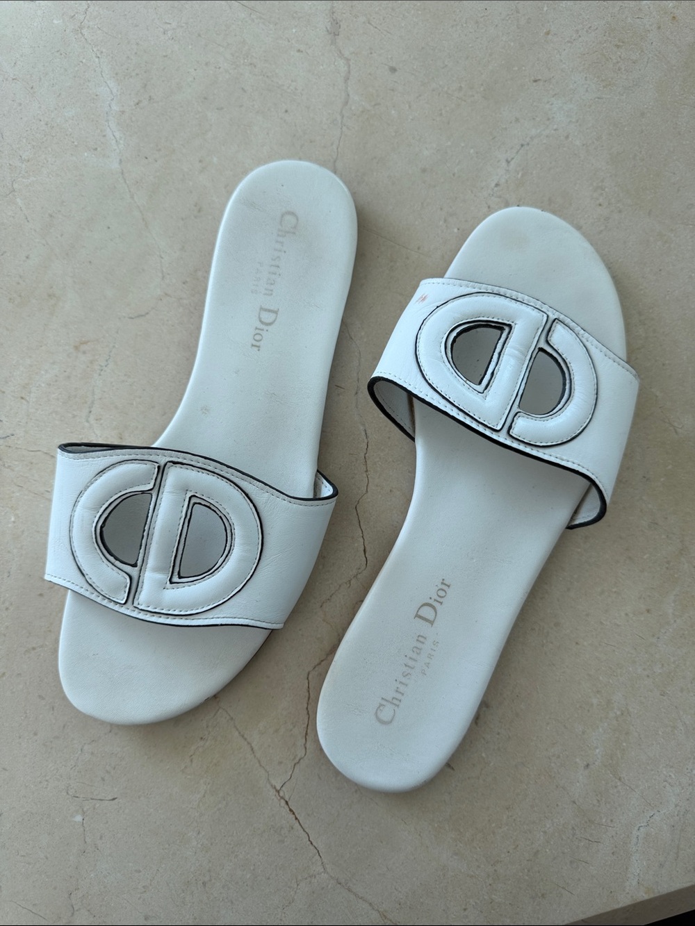 Dior White Leather CD Slide Sandals